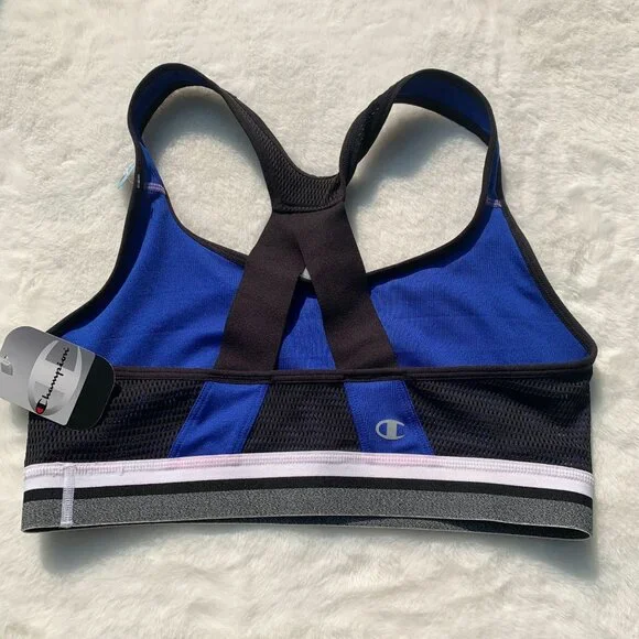 Champion Performance Moderate Sports Bra Size L Flight Blue Black Mesh Racerback - Picture 5 of 9
